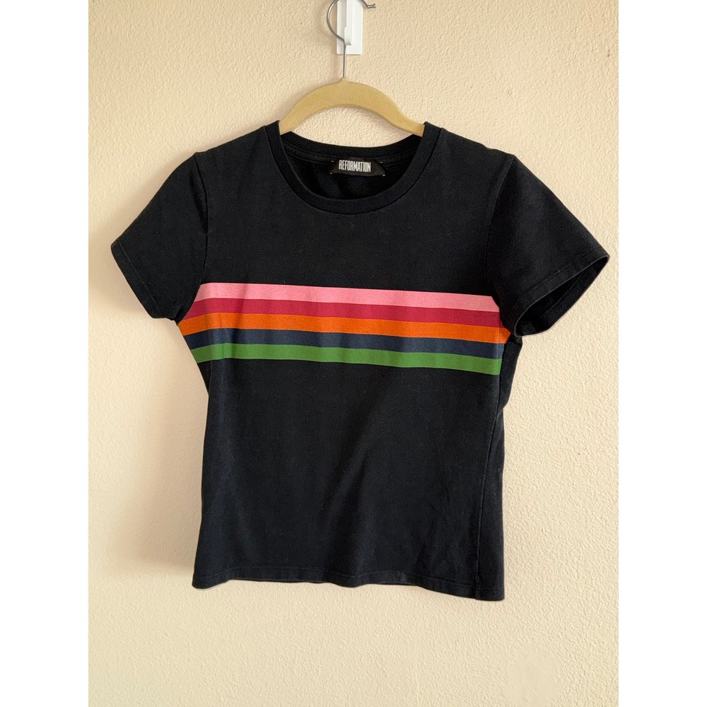 Reformation Womens XS Black Rainbow Stripe Recycled Cotton T-Shirt Crewneck Tee